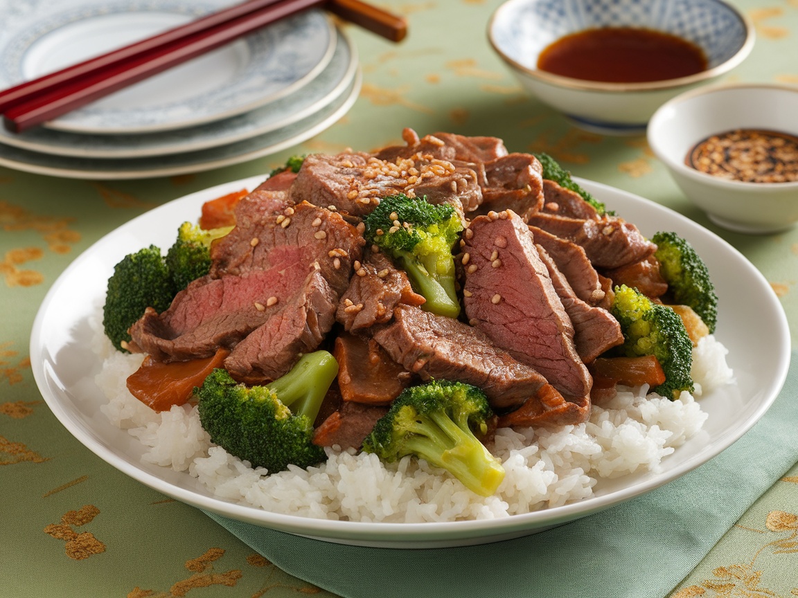 Authentic Chinese Beef and Broccoli Stir Fry A delicious plate of beef and broccoli stir fry served over white rice, garnished with sesame seeds.